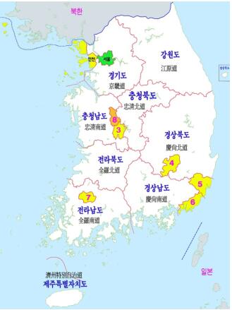 考虑到有些人不知韩国京畿道的位置,用下示地图呈现出京畿道的位置.图片