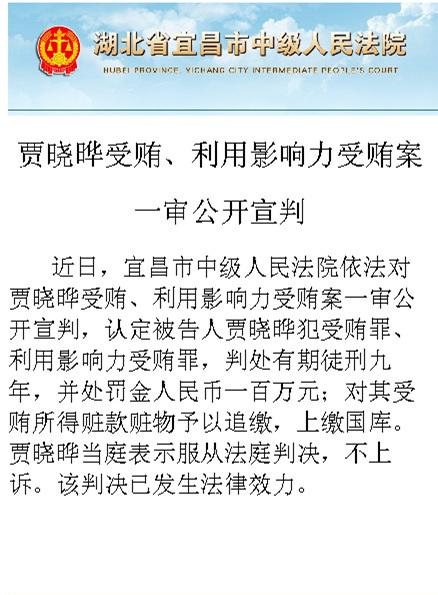 贾晓晔因受贿一审被判处有期徒刑9年,当庭表示不上诉